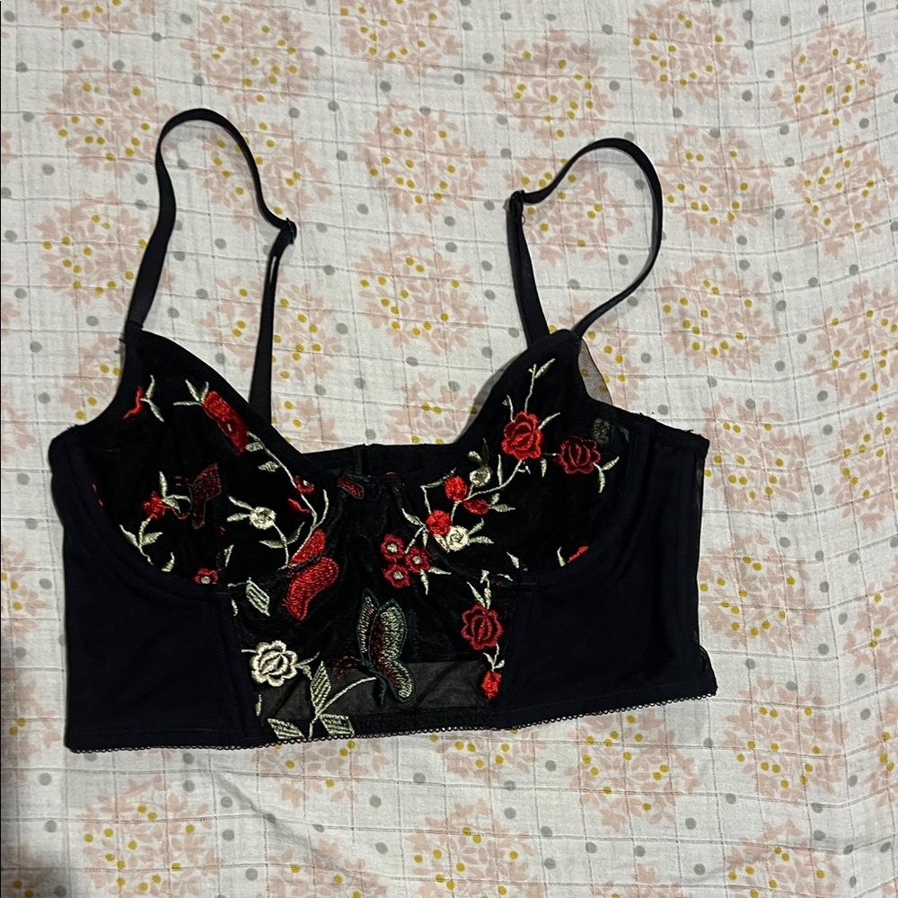 Black Floral Embroidered Bralette
